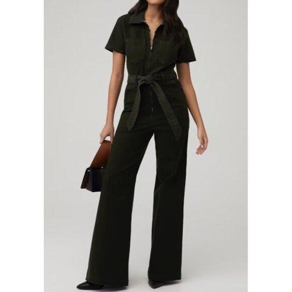 GOOD AMERICAN Sz 2 / M Jumpsuit Fit For Success Palazzo Denim Belted Green Retro - Picture 1 of 10